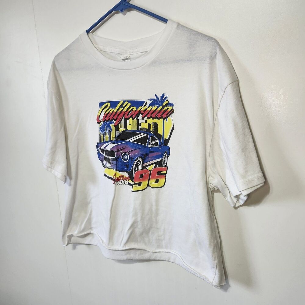 VTG California 96 Custom Motors Tee White Cropped 90's Y2K Large - Picture 2 of 8